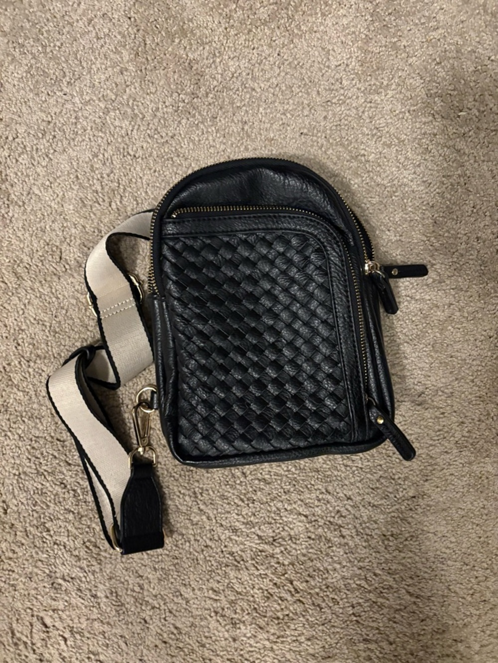 Anthropologie Black Woven Leather Crossbody with Cream Strap
